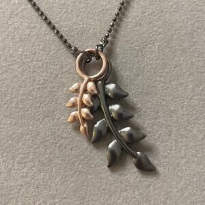 Olive Leaves Pendant Gunmetal Silver  and Gold Tone Necklace